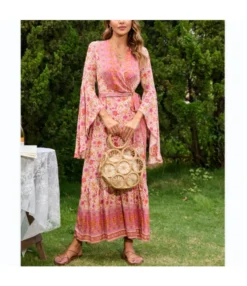 V-Neck Tie-Up Flared Sleeve Boho Slit Maxi Dress Wholesale Bohemian Dress For Women SDN536216