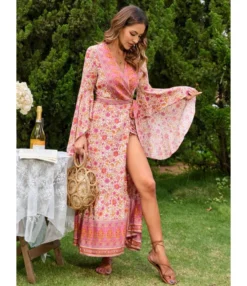 V-Neck Tie-Up Flared Sleeve Boho Slit Maxi Dress Wholesale Bohemian Dress For Women SDN536216 -Dress Sales Store 20220803021910767