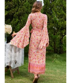 V-Neck Tie-Up Flared Sleeve Boho Slit Maxi Dress Wholesale Bohemian Dress For Women SDN536216 -Dress Sales Store 20220803021911223