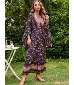 V-Neck Tie-Up Flared Sleeve Boho Slit Maxi Dress Wholesale Bohemian Dress For Women SDN536216 -Dress Sales Store 20220803021911663 1