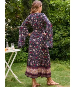 V-Neck Tie-Up Flared Sleeve Boho Slit Maxi Dress Wholesale Bohemian Dress For Women SDN536216 -Dress Sales Store 20220803021912198