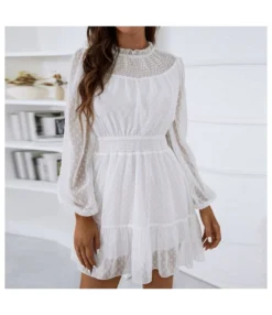 Casual Lace Trim A-Line Dress Puff Sleeves High Waist Wholesale Dresses SDN561461 -Dress Sales Store 20220803041043297