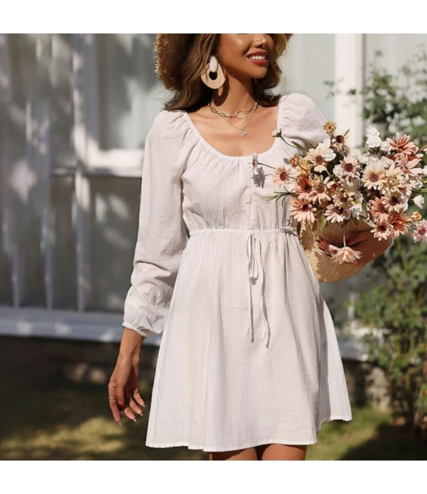 Casual Square Neck A-Line Dress Lace-Up Long Sleeve Solid Color Wholesale Dresses SDN561544