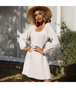 Casual Square Neck A-Line Dress Lace-Up Long Sleeve Solid Color Wholesale Dresses SDN561544 -Dress Sales Store 20220806031913047