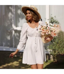 Casual Square Neck A-Line Dress Lace-Up Long Sleeve Solid Color Wholesale Dresses SDN561544 -Dress Sales Store 20220806031913345