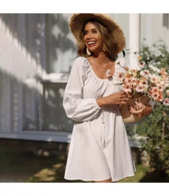 Casual Square Neck A-Line Dress Lace-Up Long Sleeve Solid Color Wholesale Dresses SDN561544 -Dress Sales Store 20220806031913660