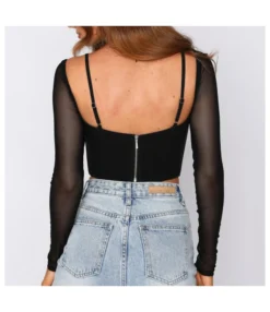 Sexy Suspenders Mesh Fishbone Tops Perspective Square Neck Backless Wholesale Womens Long Sleeve T Shirts STN561380 -Dress Sales Store 20220808033655812