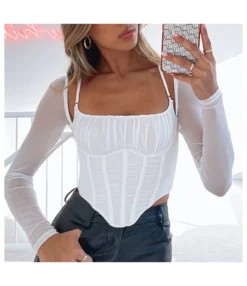 Sexy Suspenders Mesh Fishbone Tops Perspective Square Neck Backless Wholesale Womens Long Sleeve T Shirts STN561380 -Dress Sales Store 20220808033656080