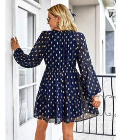 Polka Dot Long Sleeve Lace-Up Casual Loose Smocked Dress Wholesale Dresses SDN535295 -Dress Sales Store 20220901031658280