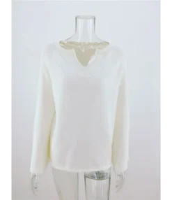 Notched Neck Solid Knitted Pullover -Dress Sales Store 210108978 2 1