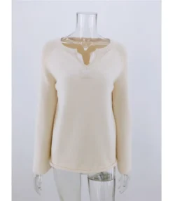 Notched Neck Solid Knitted Pullover -Dress Sales Store 210108978 3 1