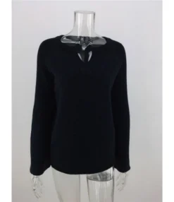 Notched Neck Solid Knitted Pullover -Dress Sales Store 210108978 5 1