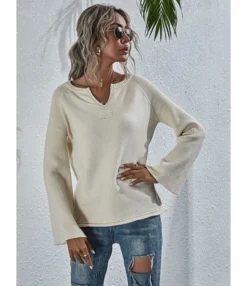 Notched Neck Solid Knitted Pullover -Dress Sales Store 210108978 6