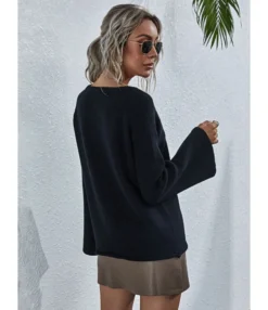Notched Neck Solid Knitted Pullover -Dress Sales Store 210108978 8