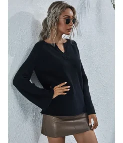 Notched Neck Solid Knitted Pullover -Dress Sales Store 210108978 9