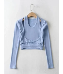 Fake Two Pieces Buckle Front Rib-knir Halter Top