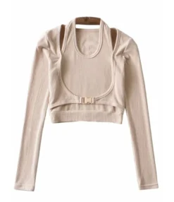 Fake Two Pieces Buckle Front Rib-knir Halter Top 17 Fake Two Pieces Buckle Front Rib-knir Halter Top -Dress Sales Store 210119941 7