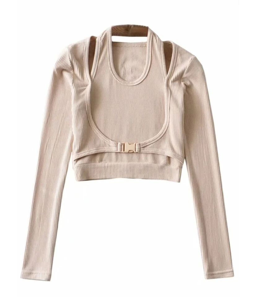 Fake Two Pieces Buckle Front Rib-knir Halter Top 8 Fake Two Pieces Buckle Front Rib-knir Halter Top - Image 8