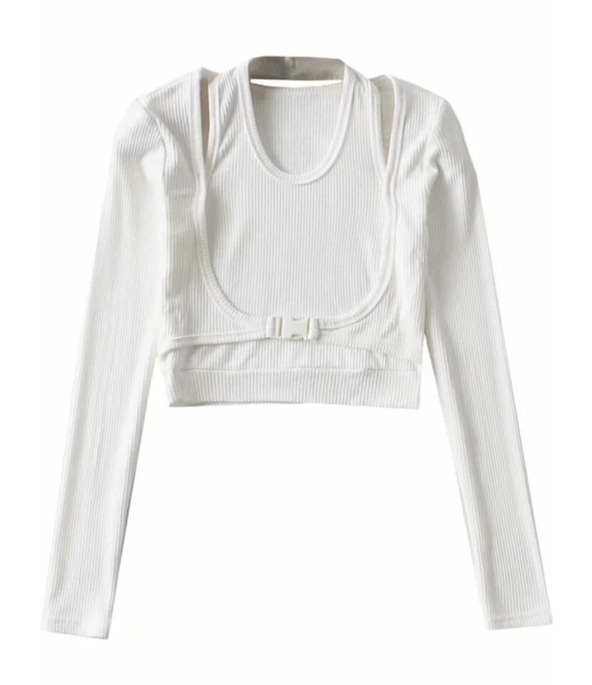 Fake Two Pieces Buckle Front Rib-knir Halter Top 9 Fake Two Pieces Buckle Front Rib-knir Halter Top - Image 9