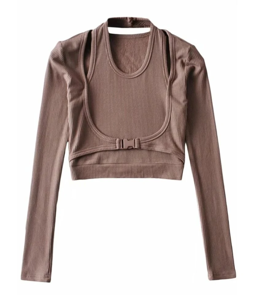 Fake Two Pieces Buckle Front Rib-knir Halter Top 10 Fake Two Pieces Buckle Front Rib-knir Halter Top - Image 10