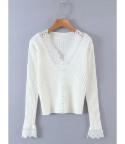 V-neck Lace Trim Ribbed Knitted Top 22 V-neck Lace Trim Ribbed Knitted Top -Dress Sales Store 210202880 10