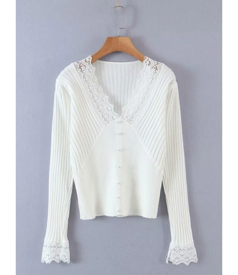 V-neck Lace Trim Ribbed Knitted Top 11 V-neck Lace Trim Ribbed Knitted Top - Image 11