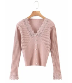 V-neck Lace Trim Ribbed Knitted Top 23 V-neck Lace Trim Ribbed Knitted Top -Dress Sales Store 210202880 11