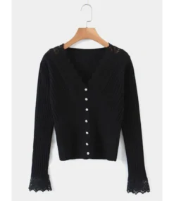 V-neck Lace Trim Ribbed Knitted Top