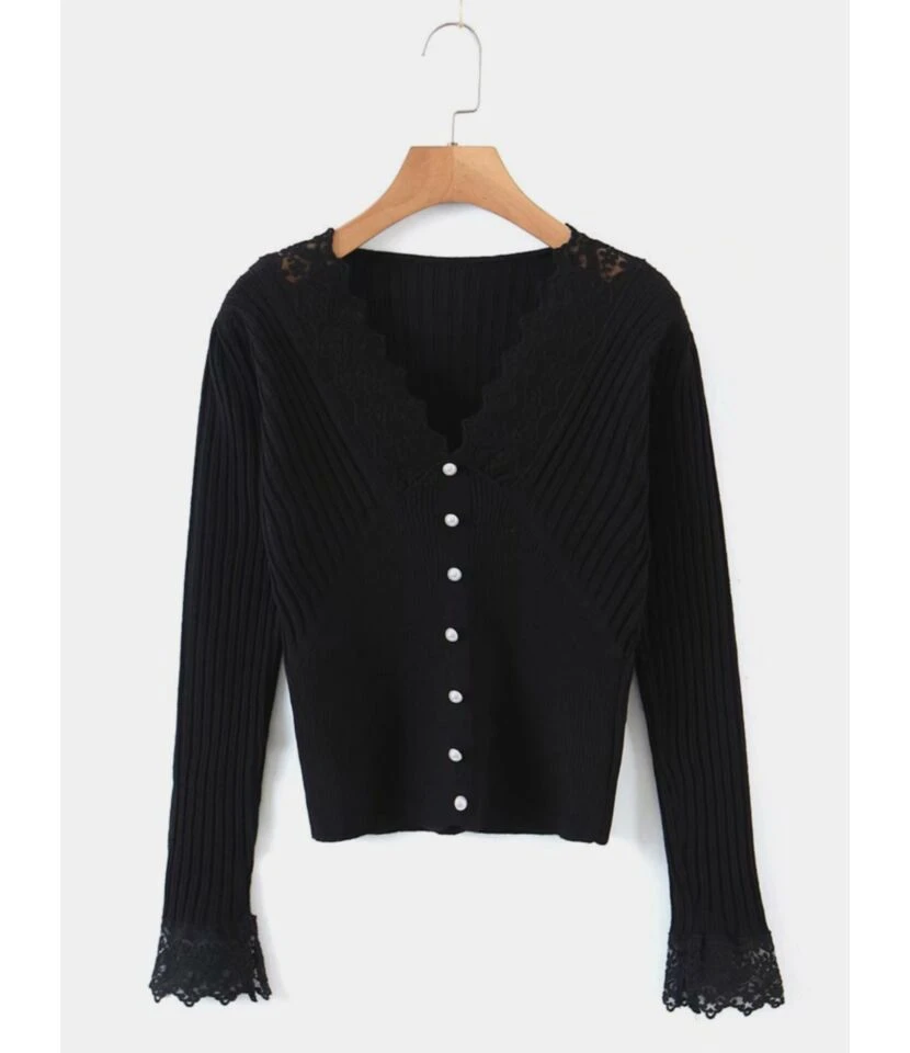 V-neck Lace Trim Ribbed Knitted Top 1 V-neck Lace Trim Ribbed Knitted Top