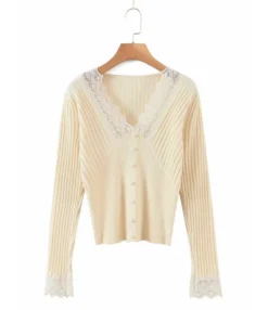 V-neck Lace Trim Ribbed Knitted Top 20 V-neck Lace Trim Ribbed Knitted Top -Dress Sales Store 210202880 2
