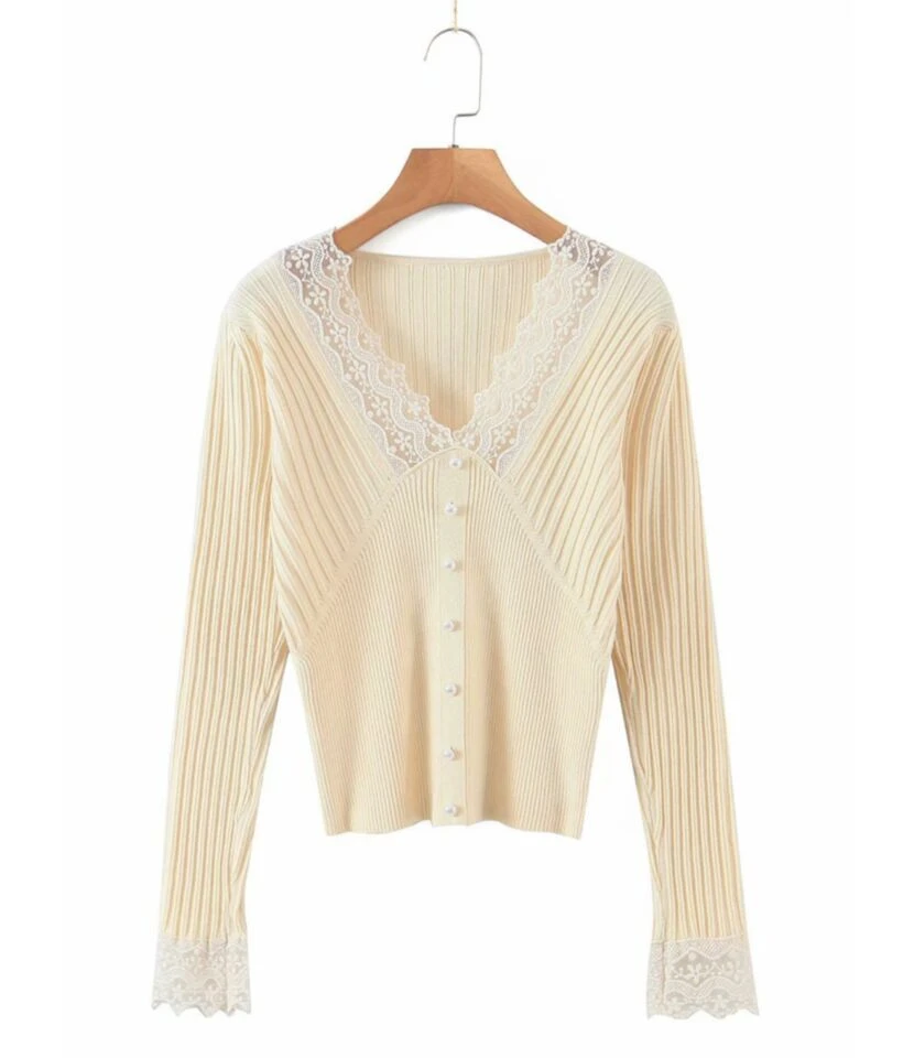 V-neck Lace Trim Ribbed Knitted Top 9 V-neck Lace Trim Ribbed Knitted Top - Image 9