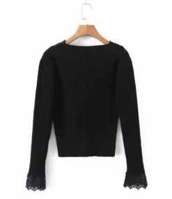 V-neck Lace Trim Ribbed Knitted Top 14 V-neck Lace Trim Ribbed Knitted Top -Dress Sales Store 210202880 7