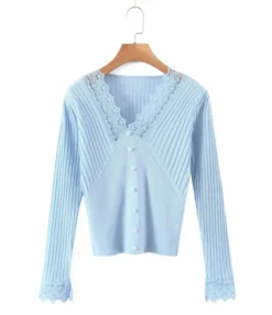 V-neck Lace Trim Ribbed Knitted Top 21 V-neck Lace Trim Ribbed Knitted Top -Dress Sales Store 210202880 9