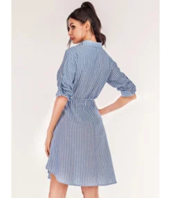 Rollable Sleeve Belted Stripe Shirt Dress -Dress Sales Store 210309349 2