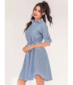 Rollable Sleeve Belted Stripe Shirt Dress -Dress Sales Store 210309349 3