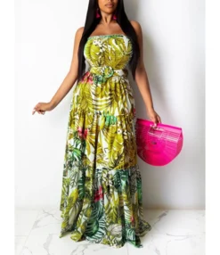 Suspender Flower Print Shirring Pleated Maxi Dress With Belt -Dress Sales Store 210311541 1