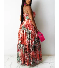 Suspender Flower Print Shirring Pleated Maxi Dress With Belt -Dress Sales Store 210311541 2