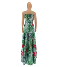 Suspender Flower Print Shirring Pleated Maxi Dress With Belt -Dress Sales Store 210311541 5