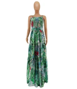 Suspender Flower Print Shirring Pleated Maxi Dress With Belt -Dress Sales Store 210311541 6