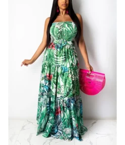 Suspender Flower Print Shirring Pleated Maxi Dress With Belt -Dress Sales Store 210311541 7