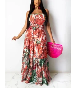Suspender Flower Print Shirring Pleated Maxi Dress With Belt