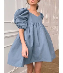 Puff Sleeve V-neck Flare Dress -Dress Sales Store 210312740 14 1