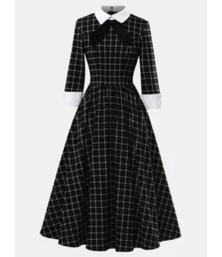 Half Sleeve Bow Trim Plaid Vintage Dress