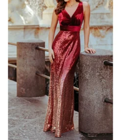 Sleeveless V-neck Velvet Sequin Patchwork Evening Maxi Dress