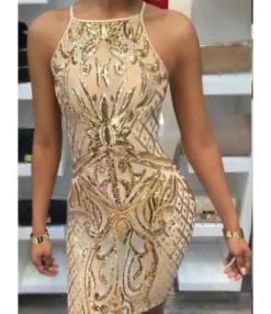 Sequin Detail Print Sling Bodycon Dress 210519047