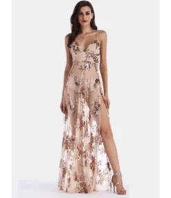 V Neck Backless Sheer Embroidery Mesh Sequins Decor Side Split Maxi Dress 210519488 -Dress Sales Store 210519488 3 1