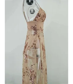 V Neck Backless Sheer Embroidery Mesh Sequins Decor Side Split Maxi Dress 210519488 -Dress Sales Store 210519488 6