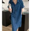 Lapel Neck Single Breasted Pocket Detail Denim T Shirt Dress Wholesale 210528617
