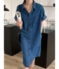 Lapel Neck Single Breasted Pocket Detail Denim T Shirt Dress Wholesale 210528617
