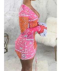 Deep V-neck Flare Cuff Sexy Bodycon Strappy Dress 210810163 -Dress Sales Store 210810163 2